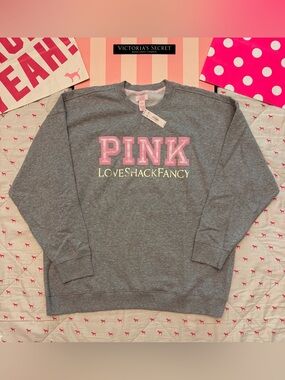VS PINK X LOVESHACKFANCY CREW SWEATSHIRT HEATHER GRAY FLORAL LOGO RARE NWT XL